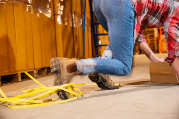 istock Industrial workplace safety.  A female warehouse worker tripping on strapping. 1159391600