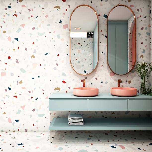 projeto interior do banheiro moderno, projeto 2019 da tendência, rendição 3d, ilustração 3d - bathroom black faucet - fotografias e filmes do acervo