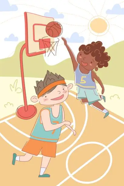 Vector illustration of Two young multiethnic boys playing basketball with