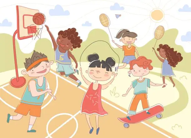 Vector illustration of Group of young children playing summer sports