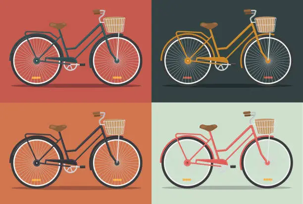 Vector illustration of Vintage Bicycles with Baskets - Retro Color Scheme