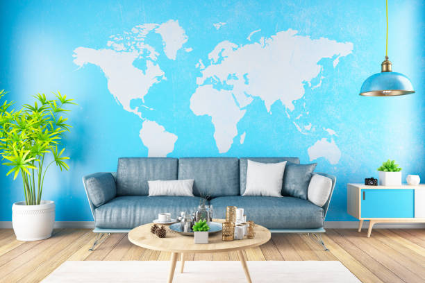 Living room with world map on the wall