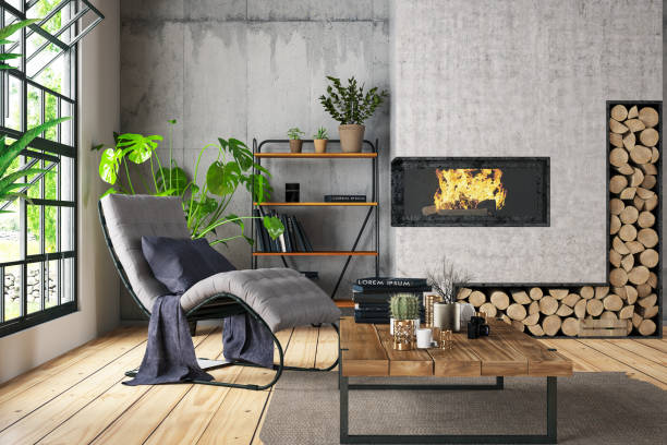 istock Loft Room with Fireplace and Lounge Chair 1159395608