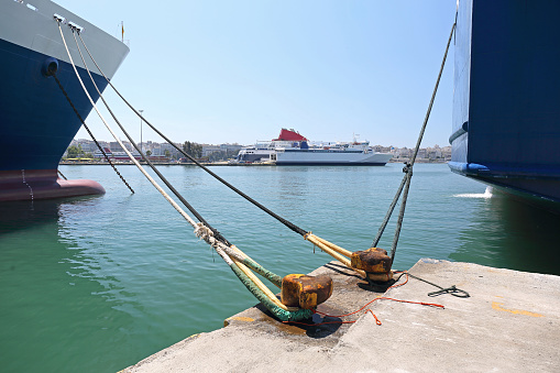 Moored Ships and Ferryboats in Port of Piraeus Greece