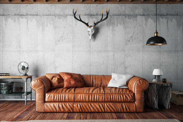 Loft Interior with Leather Sofa and Skull Loft Interior with Leather Sofa and Skull. 3D Render leather couch stock pictures, royalty-free photos & images