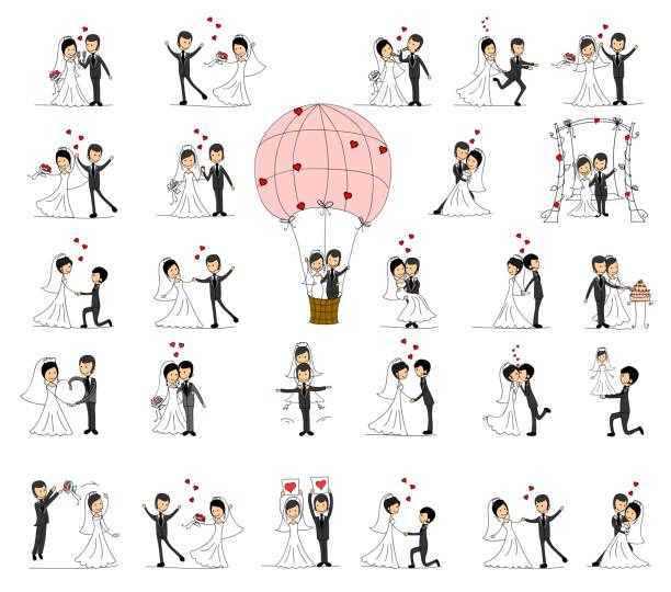 ilustrações de stock, clip art, desenhos animados e ícones de wedding doodle couple set - husband