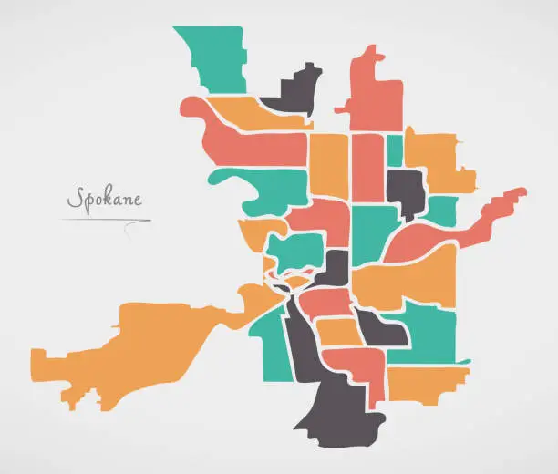 Vector illustration of Spokane Washington Map with neighborhoods and modern round shapes