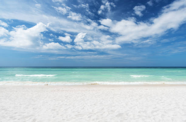 playa de verano y mar con fondo de cielo despejado - beach fotografías e imágenes de stock
