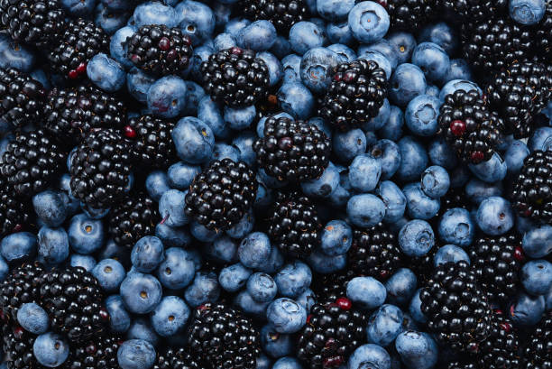 istock Blackberry and  blueberry background. Top view. 1159398770