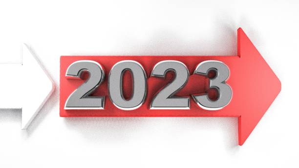 2023 red arrow isolated on white background - 3D rendering illustration stock photo