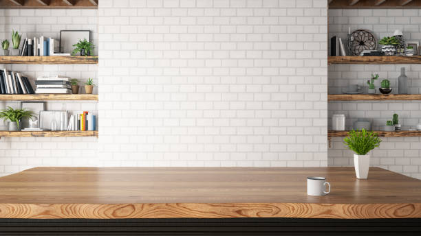 Kitchen Counter with Empty Wall Loft wooden kitchen design wooden interior stock pictures, royalty-free photos & images