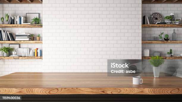 Kitchen Counter With Empty Wall Stock Photo - Download Image Now - Kitchen, Table, Kitchen Counter
