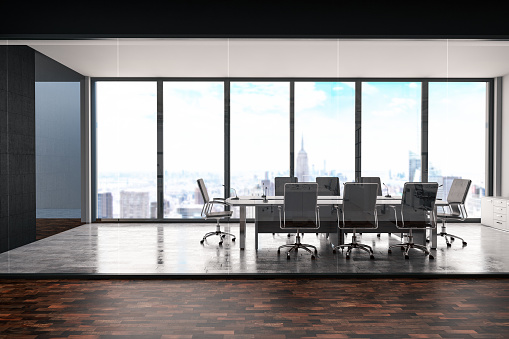 Perspective view of modern empty conference room with white office desk and chairs, black wall, wooden floor, and window with city view. 3D Rendering