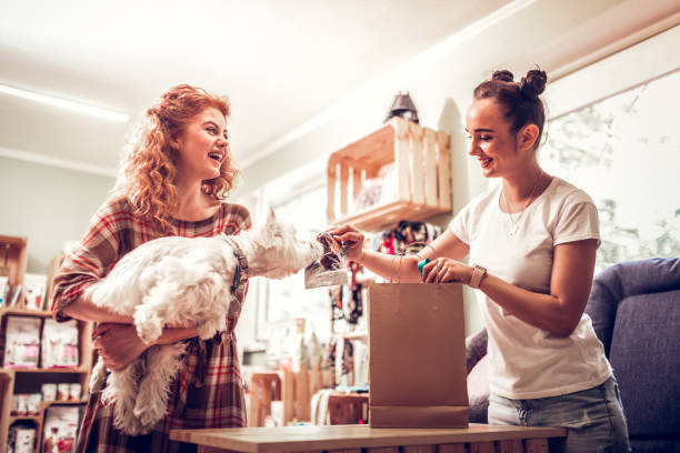 Cheerful shopping assistant giving some food for dog to smell Smell some food. Cheerful shopping assistant smiling while giving some food for dog to smell small business saturday stock pictures, royalty-free photos & images
