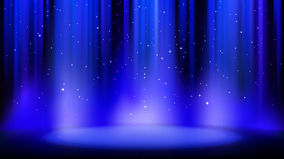 Empty blue scene with dark background, place lit by soft spotlight, shiny sparkling particles. Blue background with soft glow. Vector illustration