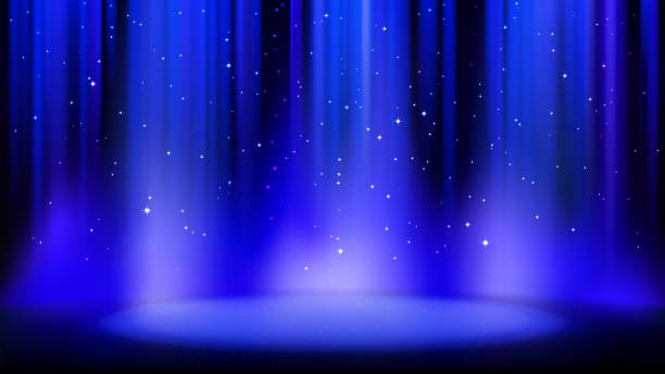 Empty blue scene with dark background, place lit by soft spotlight, shiny sparkling particles. Blue background with soft glow. Vector illustration Empty blue scene with dark background, place lit by soft spotlight, shiny sparkling particles. Blue background with soft glow. Vector illustration curtain illustrations stock illustrations