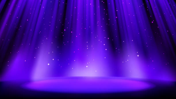 Empty blue purple scene with dark background, place lit by soft indigo spotlight, shiny sparkling particles. Indigo background with soft glow. Vector illustration Empty blue purple scene with dark background, place lit by soft indigo spotlight, shiny sparkling particles. Indigo background with soft glow. Vector illustration stage performance space stock illustrations