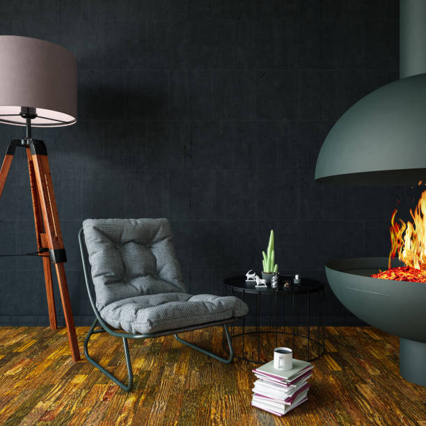 istock Wooden Interior with Armchair and Fireplace 1159401969