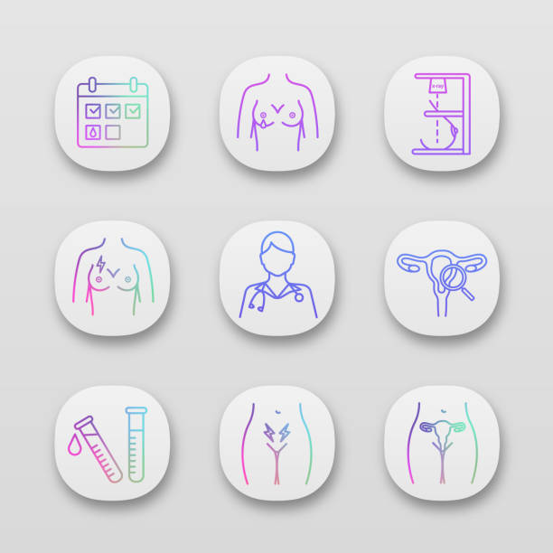 illustrazioni stock, clip art, cartoni animati e icone di tendenza di icone ginecologico - mammogram