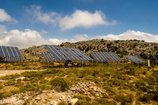 Solar farm in the mountains stock photo