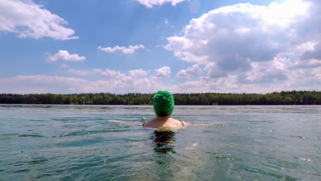 Woman Swimming in Lake with Swimming Cap