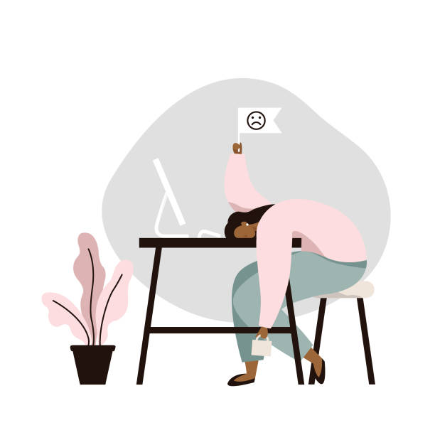 ilustrações, clipart, desenhos animados e ícones de trabalho de burnout. trabalhador fêmea tired que senta-se na tabela. longo dia de trabalho no escritório. problema de saúde mental. - frustration
