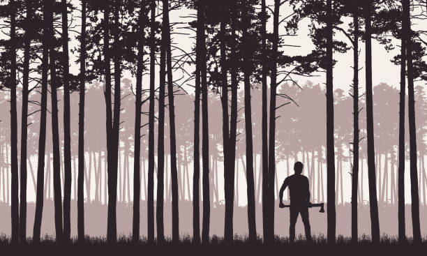 реалистичная иллюстрация пейзажа с хвойным лесом с соснами под ретро-небом. человек с топором или лесоруб стоит в траве - вектор - truck lumber industry log wood stock illustrations