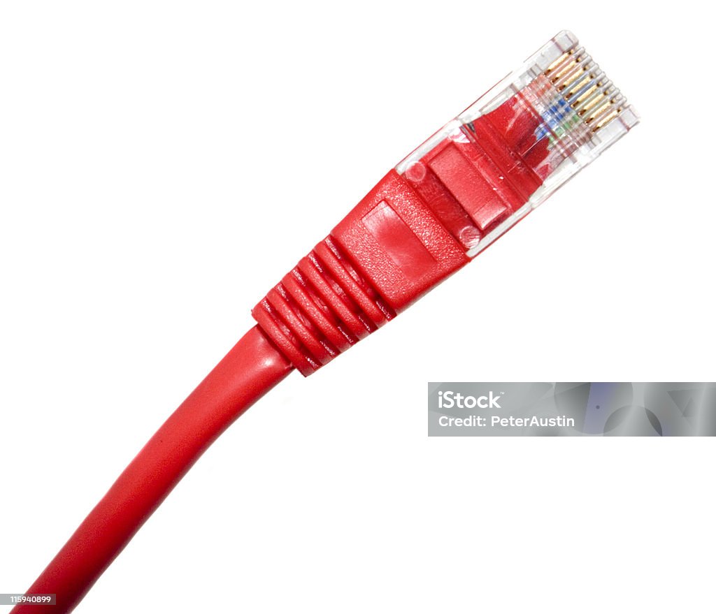 Red RJ45 CAT5 Network Cable and connector Single Bright Red RJ45 CAT5 Network Cable and connector, isolated on white. Network Connection Plug Stock Photo