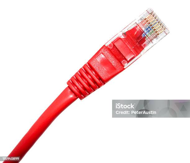 Red Rj45 Cat5 Network Cable And Connector Stock Photo - Download Image Now - Network Connection Plug, Cable, Computer Cable