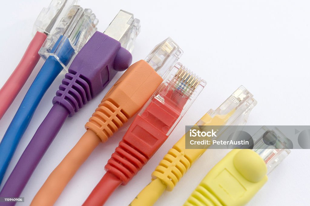 Network Cable Connectors Various coloured network cable connectors. RJ45. Patch Cord Cable Stock Photo