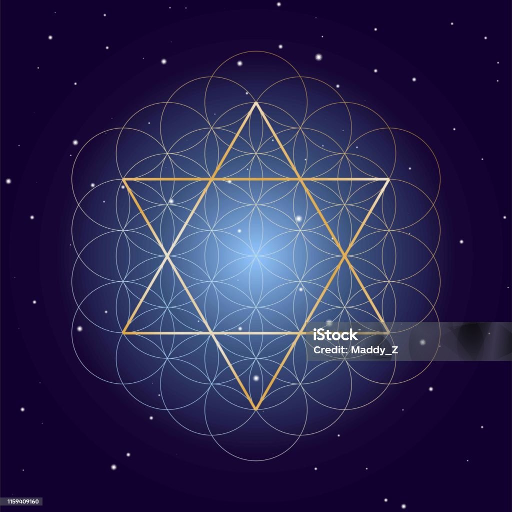 David Star with Flower of Life, on starry sky background, symbols of sacred geometry David Star with Flower of Life, on starry sky background, symbols of sacred geometry. Spirituality stock vector