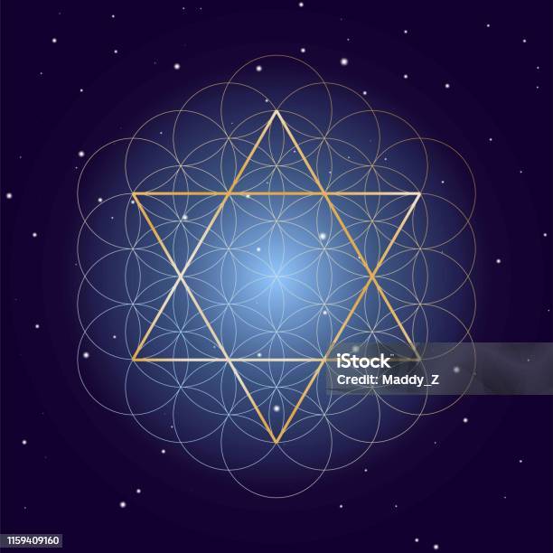 David Star With Flower Of Life On Starry Sky Background Symbols Of Sacred Geometry Stock Illustration - Download Image Now