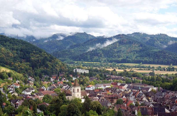 Staufen is a small town in the south west of Germany. View from Schlossberg towards Münstertal and the mountains of Black Forest, overlooking the historic city.