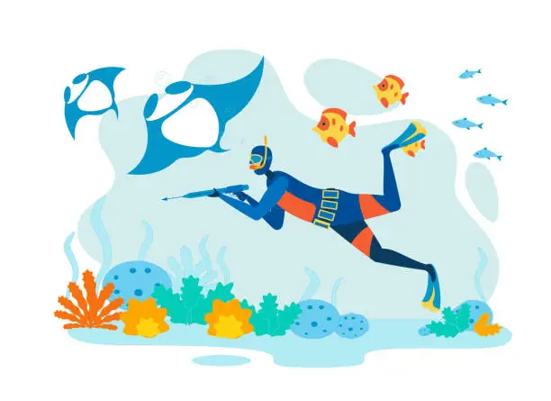 Vector illustration of Ocean Spearfishing Cartoon Vector Illustration