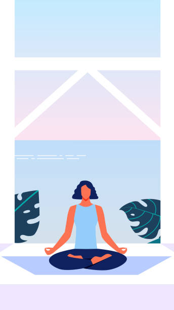 Woman in Lotus Position on Terrace Overlooking Sea Woman in Blue Top Sitting on Floor in Lotus Position on Terrace Overlooking Sea. Sports Training for Women. Sea View Illustration. Healthy Lifestyle. Yoga Class for Women. Relaxation and Meditation person sitting on fence stock illustrations