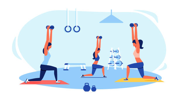 Three Women in Tracksuits Doing Exercises in Gym. Three Women in Tracksuits Doing Exercises in Gym. Sports Equipment in Gym. Women Doing Squats at Gym. Fitness Class for Woman. Sports Training for Women. Vector Illustration. Healthy Lifestyle. gym illustrations stock illustrations