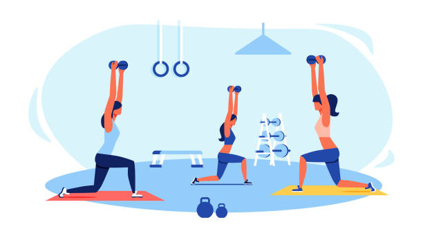 Three Women in Tracksuits Doing Exercises in Gym. Three Women in Tracksuits Doing Exercises in Gym. Sports Equipment in Gym. Women Doing Squats at Gym. Fitness Class for Woman. Sports Training for Women. Vector Illustration. Healthy Lifestyle. coach background stock illustrations