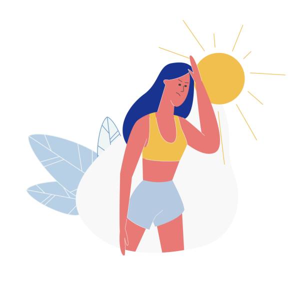 Young Woman Suffering of Seasonal Heat on Street Young Woman Wearing Shorts and Top Suffering of Seasonal Heat on Street, Girl Character with Sad Face Feeling Bad in Warm Summer Extreme Hot Weather, Summertime Season Cartoon Flat Vector Illustration cartoon sick face stock illustrations