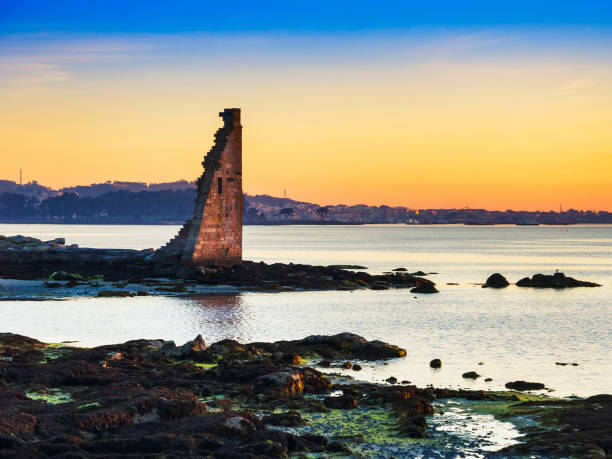 Ruins of Saint Sadurnino defensive tower against Viking invasions at the evening in Cambados town