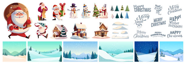 ilustrações de stock, clip art, desenhos animados e ícones de christmas kit for creating postcards or posters. included snow-covered houses, santa clauses, snowmen, christmas trees, various snow drifts, lettering for headlines and backgrounds - christmas christmas tree snow illustration and painting