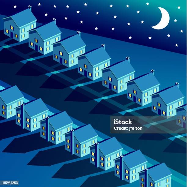 Ilustración de Zona Suburbana Por La Noche y más Vectores Libres de Derechos de Acera - Acera, Anochecer, Casa