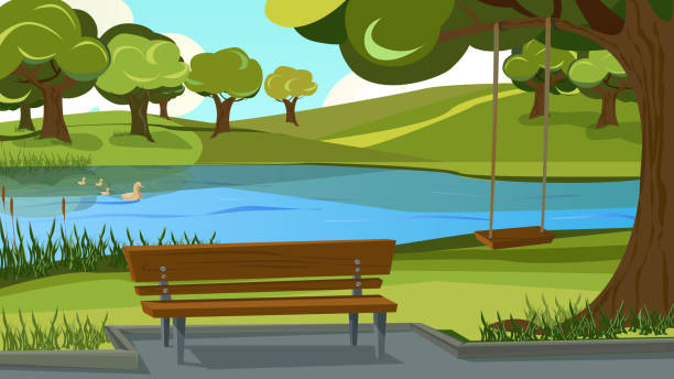 ilustrações de stock, clip art, desenhos animados e ícones de walking track in park. wooden bench on river bank - riverbank