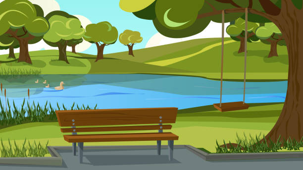 Walking Track In Park. Wooden Bench on River Bank Walking Track In Park. Wooden Bench on River Bank Vector Illustration. River Shore Reed. Duck Bird in Blue Water. Countryside Landscape. Green Hill Grass Tree. Nature Recreation, Travel, Trip riverbank stock illustrations