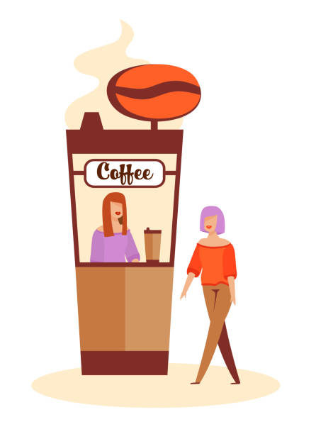 ilustraciones, imágenes clip art, dibujos animados e iconos de stock de mujer comprando café en coffee-box antes de salir - yerba mate package hot drink food