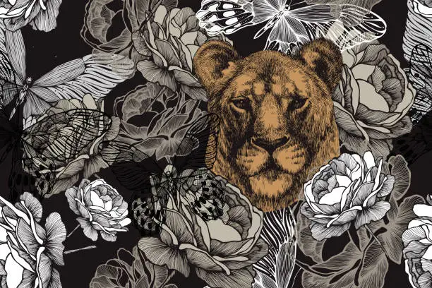 Vector illustration of Lioness with roses and butterflies. Seamless floral wallpaper. Hand drawing, vector illustration