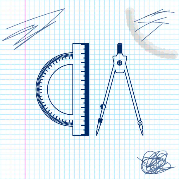 ilustrações, clipart, desenhos animados e ícones de ícone do esboço da linha do compasso do transferidor e do desenho isolado no fundo branco. instrumento profissional do desenho. equipamento geométrico. sinal da instrução. ilustração do vetor - drawing compass protractor architecture caliper