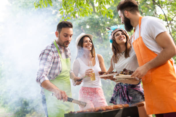 istock Friends having a barbecue party in nature while having fun 1159415235