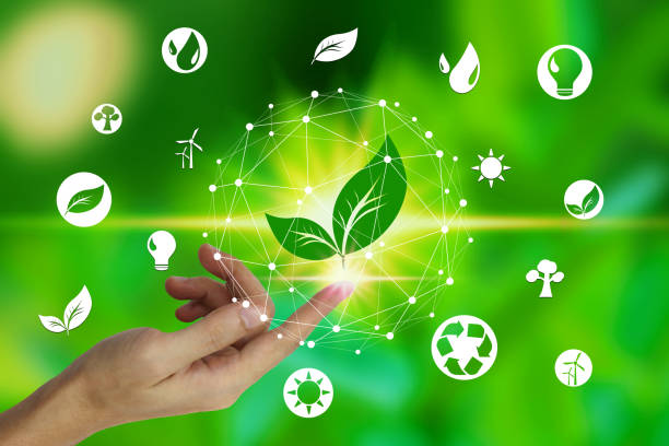 istock Finger touch with leaf and environment icons over the Network connection on nature background, Technology ecology concept 1159416599