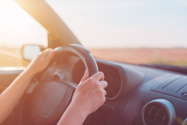 istock Female hands holding car steering wheel 1159420129