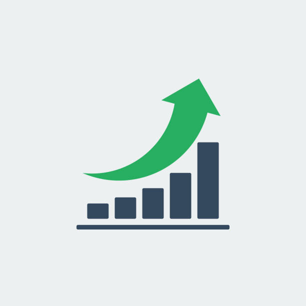 ilustrações de stock, clip art, desenhos animados e ícones de bar chart with rounded green up arrow, vector icon or pictogram - gráfico de barras